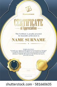Template of Certificate of Appreciation with two golden badges and with blue elements