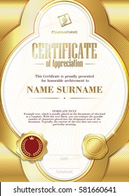 Template of Certificate of Appreciation with two golden badges and with golden elements