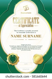 Template of Certificate of Appreciation with two golden badges and with green elements