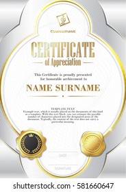 Template of Certificate of Appreciation with two golden badges and with silver elements