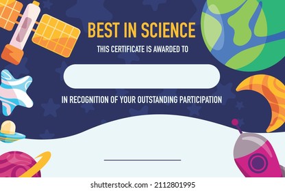 Template Certificate Of Best In Science With Kids Children Style Illustration Colorful Fun Style Of Planet Earth Space Rocket Star