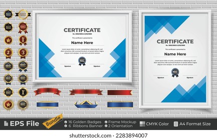 Template Certificate Bundle with Ribbons, Golden Badges, and frame mockups for award, completion, diploma. Luxury and Clean. Landscape and Portrait of A4 paper Format. EPS Vector file with CMYK Color