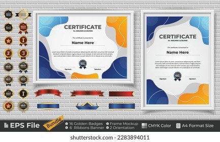 Paquete de certificado de plantilla con cintas, insignias doradas y maquetas para premios, finalización, diploma. Lujo y limpieza. Paisaje y retrato de formato de papel A4. Archivo vector EPS con color CMYK