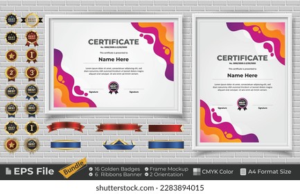 Template Certificate Bundle with Ribbons, Golden Badges, and frame mockups for award, completion, diploma. Luxury and Clean. Landscape and Portrait of A4 paper Format. EPS Vector file with CMYK Color