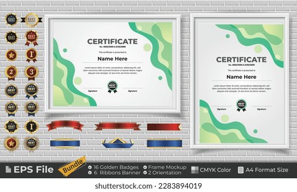 Template Certificate Bundle with Ribbons, Golden Badges, and frame mockups for award, completion, diploma. Luxury and Clean. Landscape and Portrait of A4 paper Format. EPS Vector file with CMYK Color