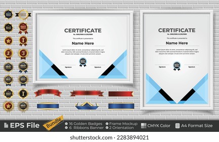 Template Certificate Bundle with Ribbons, Golden Badges, and frame mockups for award, completion, diploma. Luxury and Clean. Landscape and Portrait of A4 paper Format. EPS Vector file with CMYK Color