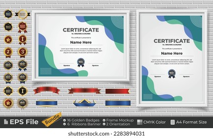 Template Certificate Bundle with Ribbons, Golden Badges, and frame mockups for award, completion, diploma. Luxury and Clean. Landscape and Portrait of A4 paper Format. EPS Vector file with CMYK Color