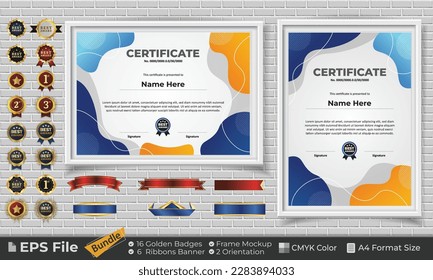 Template Certificate Bundle with Ribbons, Golden Badges, and frame mockups for award, completion, diploma. Luxury and Clean. Landscape and Portrait of A4 paper Format. EPS Vector file with CMYK Color