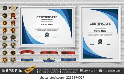 Template Certificate Bundle with Ribbons, Golden Badges, and frame mockups for award, completion, diploma. Luxury and Clean. Landscape and Portrait of A4 paper Format. EPS Vector file with CMYK Color