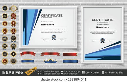 Template Certificate Paket mit Ribbbons, Golden Badges und Rahmen Mockups für die Vergabe, Fertigstellung, Diplom. Luxus und Sauberkeit. Landschaft und Porträt von A4 Papier Format. EPS-Vektordatei mit CMYK-Farbe