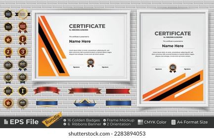 Template Certificate Bundle with Ribbons, Golden Badges, and frame mockups for award, completion, diploma. Luxury and Clean. Landscape and Portrait of A4 paper Format. EPS Vector file with CMYK Color