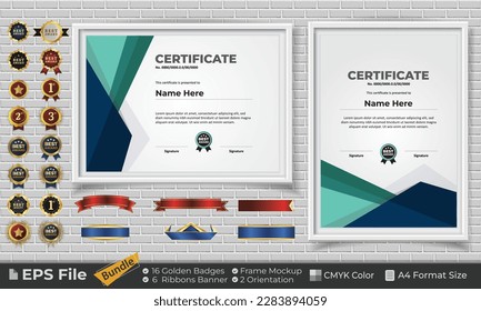 Template Certificate Bundle with Ribbons, Golden Badges, and frame mockups for award, completion, diploma. Luxury and Clean. Landscape and Portrait of A4 paper Format. EPS Vector file with CMYK Color