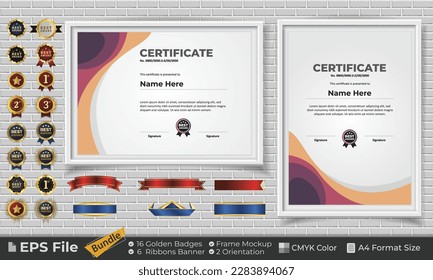 Template Certificate Bundle with Ribbons, Golden Badges, and frame mockups for award, completion, diploma. Luxury and Clean. Landscape and Portrait of A4 paper Format. EPS Vector file with CMYK Color