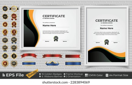 Template Certificate Bundle with Ribbons, Golden Badges, and frame mockups for award, completion, diploma. Luxury and Clean. Landscape and Portrait of A4 paper Format. EPS Vector file with CMYK Color