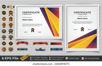 Template Certificate Bundle with Ribbons, Golden Badges, and frame mockups for award, completion, diploma. Luxury and Clean. Landscape and Portrait of A4 paper Format. EPS Vector file with CMYK Color