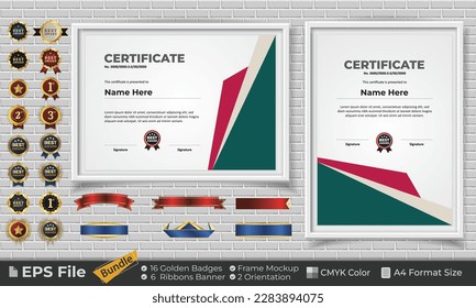 Paquete de certificado de plantilla con cintas, insignias doradas y maquetas para premios, finalización, diploma. Lujo y limpieza. Paisaje y retrato de formato de papel A4. Archivo vector EPS con color CMYK