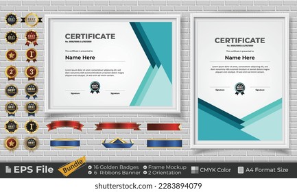 Template Certificate Bundle with Ribbons, Golden Badges, and frame mockups for award, completion, diploma. Luxury and Clean. Landscape and Portrait of A4 paper Format. EPS Vector file with CMYK Color