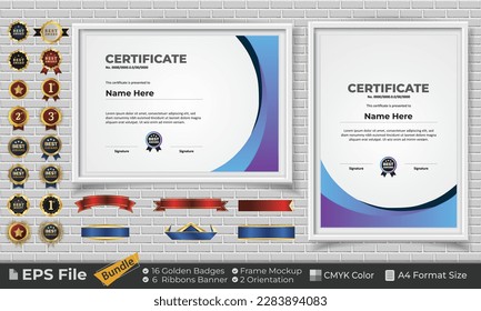 Template Certificate Bundle with Ribbons, Golden Badges, and frame mockups for award, completion, diploma. Luxury and Clean. Landscape and Portrait of A4 paper Format. EPS Vector file with CMYK Color