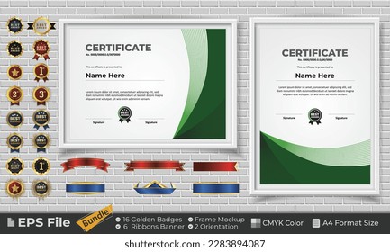 Template Certificate Bundle with Ribbons, Golden Badges, and frame mockups for award, completion, diploma. Luxury and Clean. Landscape and Portrait of A4 paper Format. EPS Vector file with CMYK Color