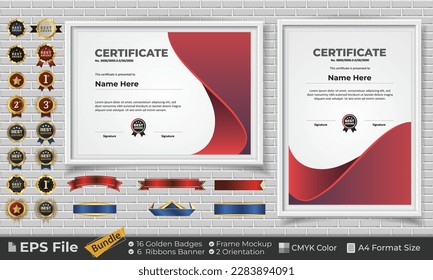 Template Certificate Bundle with Ribbons, Golden Badges, and frame mockups for award, completion, diploma. Luxury and Clean. Landscape and Portrait of A4 paper Format. EPS Vector file with CMYK Color