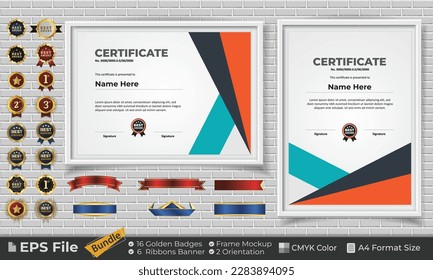 Template Certificate Bundle with Ribbons, Golden Badges, and frame mockups for award, completion, diploma. Luxury and Clean. Landscape and Portrait of A4 paper Format. EPS Vector file with CMYK Color