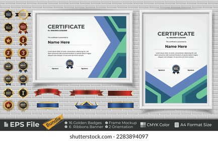 Template Certificate Bundle with Ribbons, Golden Badges, and frame mockups for award, completion, diploma. Luxury and Clean. Landscape and Portrait of A4 paper Format. EPS Vector file with CMYK Color