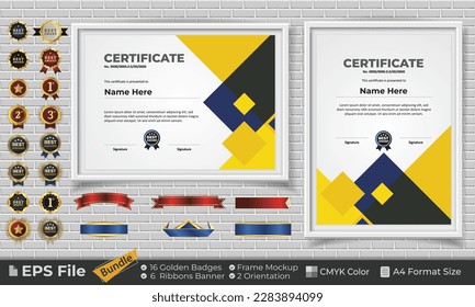 Template Certificate Bundle with Ribbons, Golden Badges, and frame mockups for award, completion, diploma. Luxury and Clean. Landscape and Portrait of A4 paper Format. EPS Vector file with CMYK Color