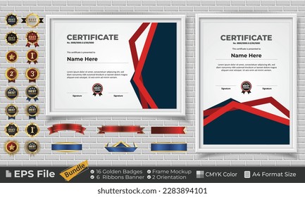 Template Certificate Bundle with Ribbons, Golden Badges, and frame mockups for award, completion, diploma. Luxury and Clean. Landscape and Portrait of A4 paper Format. EPS Vector file with CMYK Color