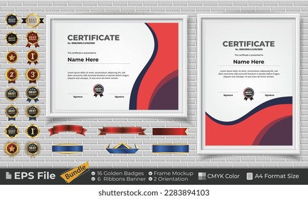 Template Certificate Bundle with Ribbons, Golden Badges, and frame mockups for award, completion, diploma. Luxury and Clean. Landscape and Portrait of A4 paper Format. EPS Vector file with CMYK Color