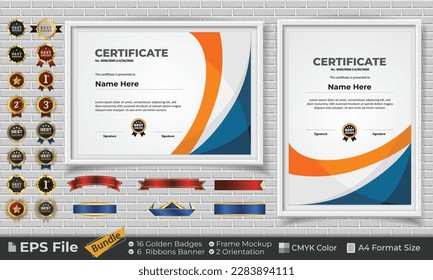 Template Certificate Bundle with Ribbons, Golden Badges, and frame mockups for award, completion, diploma. Luxury and Clean. Landscape and Portrait of A4 paper Format. EPS Vector file with CMYK Color