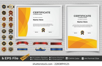 Paquete de certificado de plantilla con cintas, insignias doradas y maquetas para premios, finalización, diploma. Lujo y limpieza. Paisaje y retrato de formato de papel A4. Archivo vector EPS con color CMYK