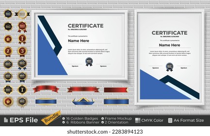 Template Certificate Bundle with Ribbons, Golden Badges, and frame mockups for award, completion, diploma. Luxury and Clean. Landscape and Portrait of A4 paper Format. EPS Vector file with CMYK Color
