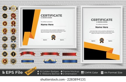 Template Certificate Bundle with Ribbons, Golden Badges, and frame mockups for award, completion, diploma. Luxury and Clean. Landscape and Portrait of A4 paper Format. EPS Vector file with CMYK Color