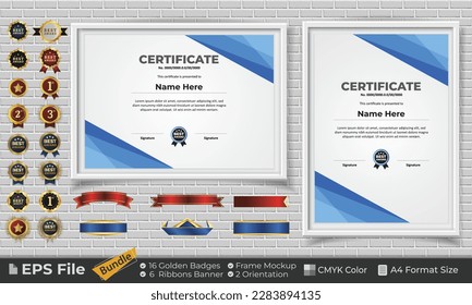 Template Certificate Bundle with Ribbons, Golden Badges, and frame mockups for award, completion, diploma. Luxury and Clean. Landscape and Portrait of A4 paper Format. EPS Vector file with CMYK Color