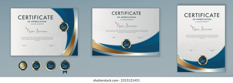 Plantilla Certificado Diploma rendimiento desplazamiento elegante lujo editable azul y oro.Resumen guilloche fondo de marca de agua.Impresión. Graduación - premio - honor - Certificado de regalo