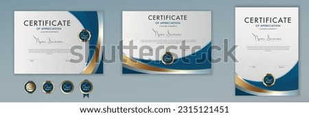 Template Certificate Diploma achievement scroll elegant luxury editable blue and gold.Abstract guilloche watermark background.Printing. Graduation - award - honor - Gift certificate
