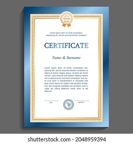 Template for a certificate or diploma in blue and gold colors. A strict and elegant frame for expressing gratitude, award to the winner and the like. Vector illustration.