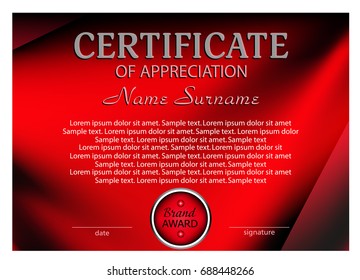Template certificate or diploma. Modern red design. Vector illustration.