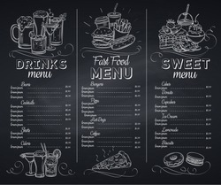 Template Chalkboard Menu Cafe Design. Banners With Fast Food, Pastry And Alcoholic Drinks. Engraving Vector Illustration.