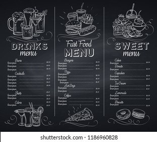 Template chalkboard menu cafe design. Banners with fast food, pastry and alcoholic drinks. Engraving vector illustration.