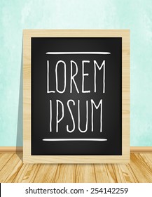 Template chalkboard for your text in the empty room template with wooden flooring and blue wall