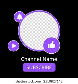 Template for channel photo and name. Empty space to place your content. Like button, Subscribe, bell, turn on the notifications, play, video hosting, purple colors, attracting subscribers, advertising