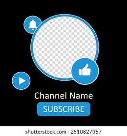 Template for channel photo and name. Empty space to place your content. Like button, Subscribe, bell, turn on the notifications, play, video hosting, blue colors, attracting subscribers, advertising