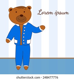 Template with the character of bear in a blue suit with place for your text