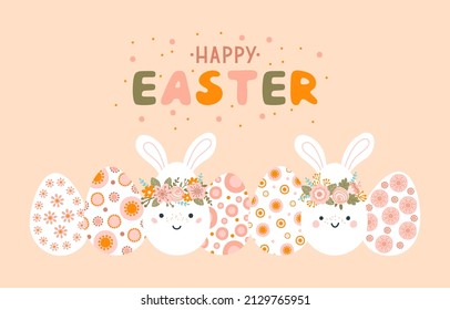 Template with character Easter egg and flowers in flat style. Illustration colorful spring eggs in pastel colors and space for your text. Vector