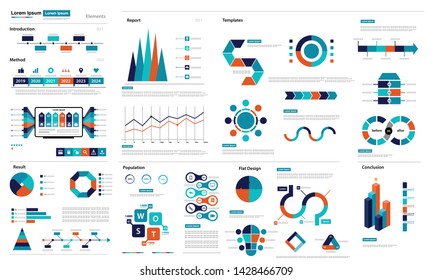 template, chart, data visualization, infographic elements with flat icon set. can be used for presentation, options, steps, flowchart, timeline, research report, marketing, statistic or medical report