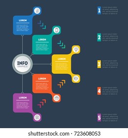 Template of a chart, mindmap or diagram with 5 processes. Vector dynamic infographics or mind map of technology or education process with 5 steps. Business presentation or infographic with 5 options