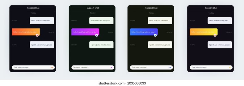 Template for a chat with a bot. The messages with a wireframe. Set of the colorful and neon designs. An online doctor messenger window. Vector isolated collection