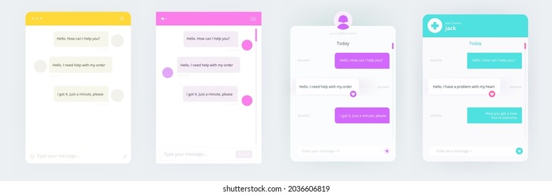 Template for a chat with a bot. The messages with a wireframe. Set of the colorful and neon designs. An online doctor messenger window. Vector isolated collection