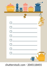 Template for check list decorated with kitchen elements: old kettle, dried herbs and shelf with jars. Paper for note pinned to the wall. Vector illustration, flat style